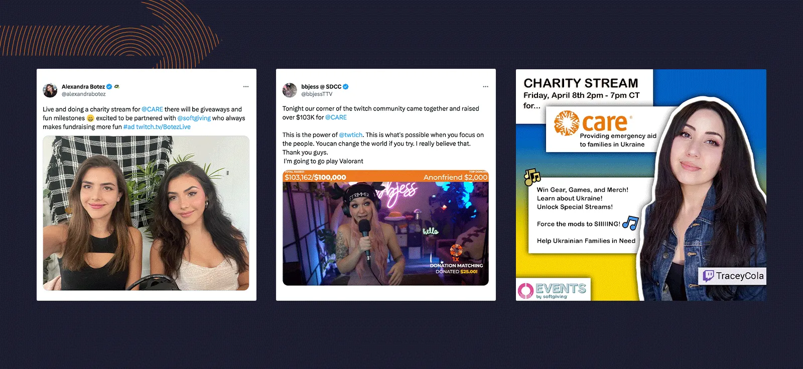 A series of social posts from streamers like the Botez sisters, BBJessTTV, and Tracey Cola.